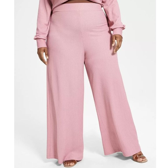 Nina Parker Pants - Nina Parker Trendy Plus Size Textured Knit Wide-Leg Pants, Fox Glove